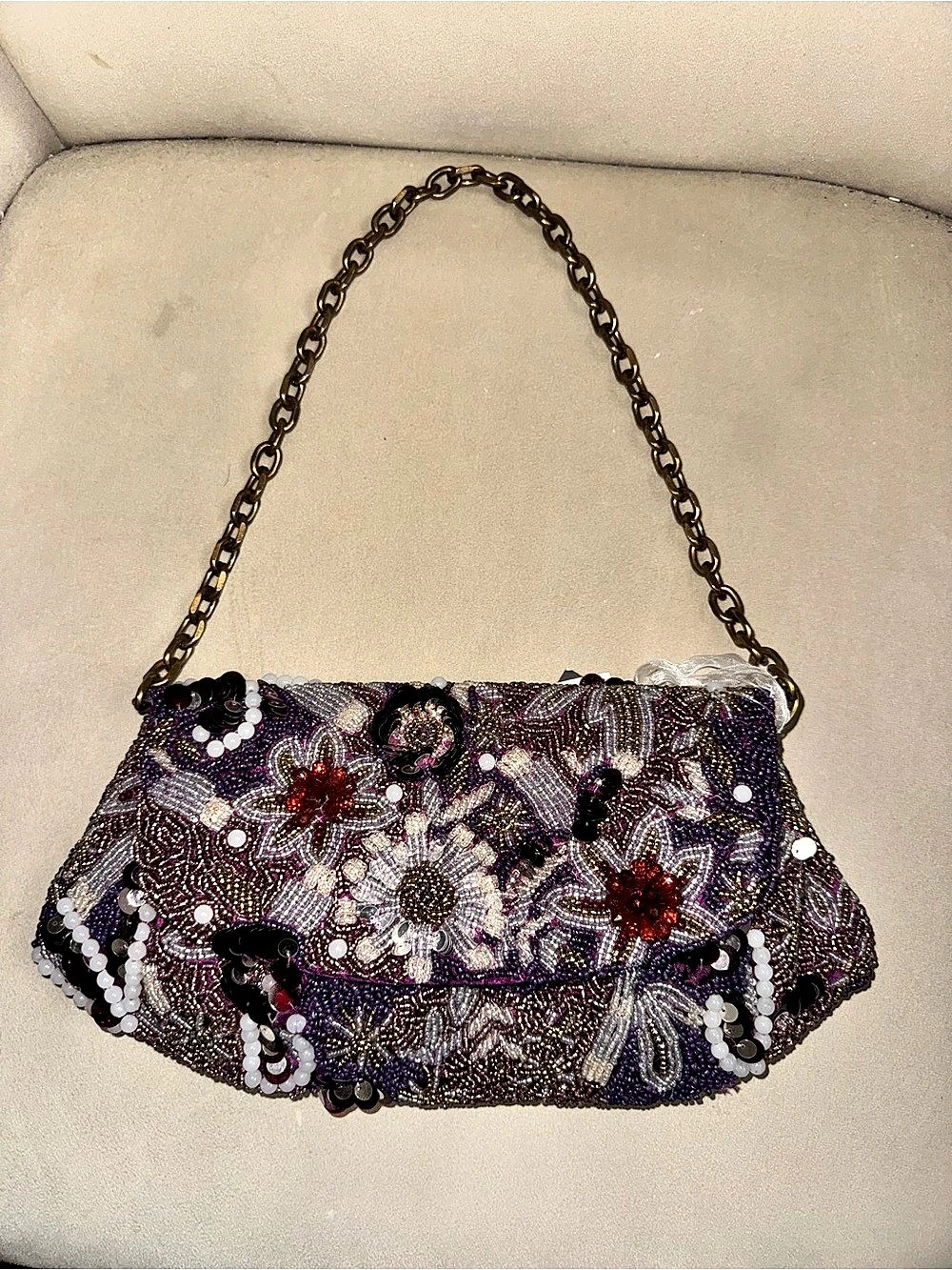 Beaded Floral Bag Purple & White